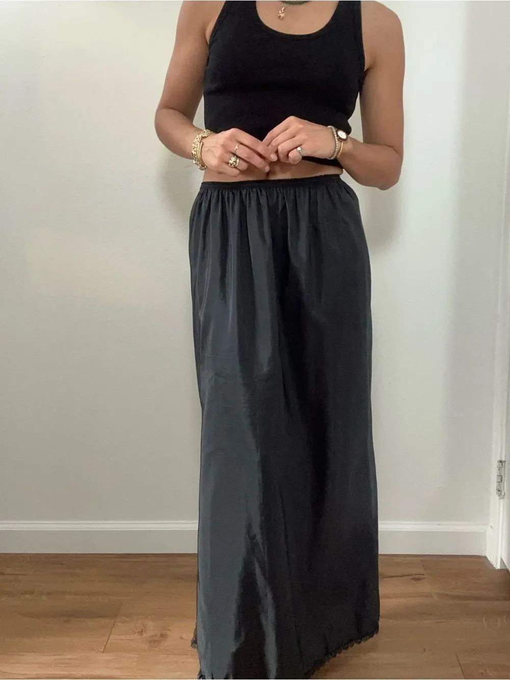 Vintage Sears 80's Black Maxi Skirt Slip Skirt Lace Trim Size M